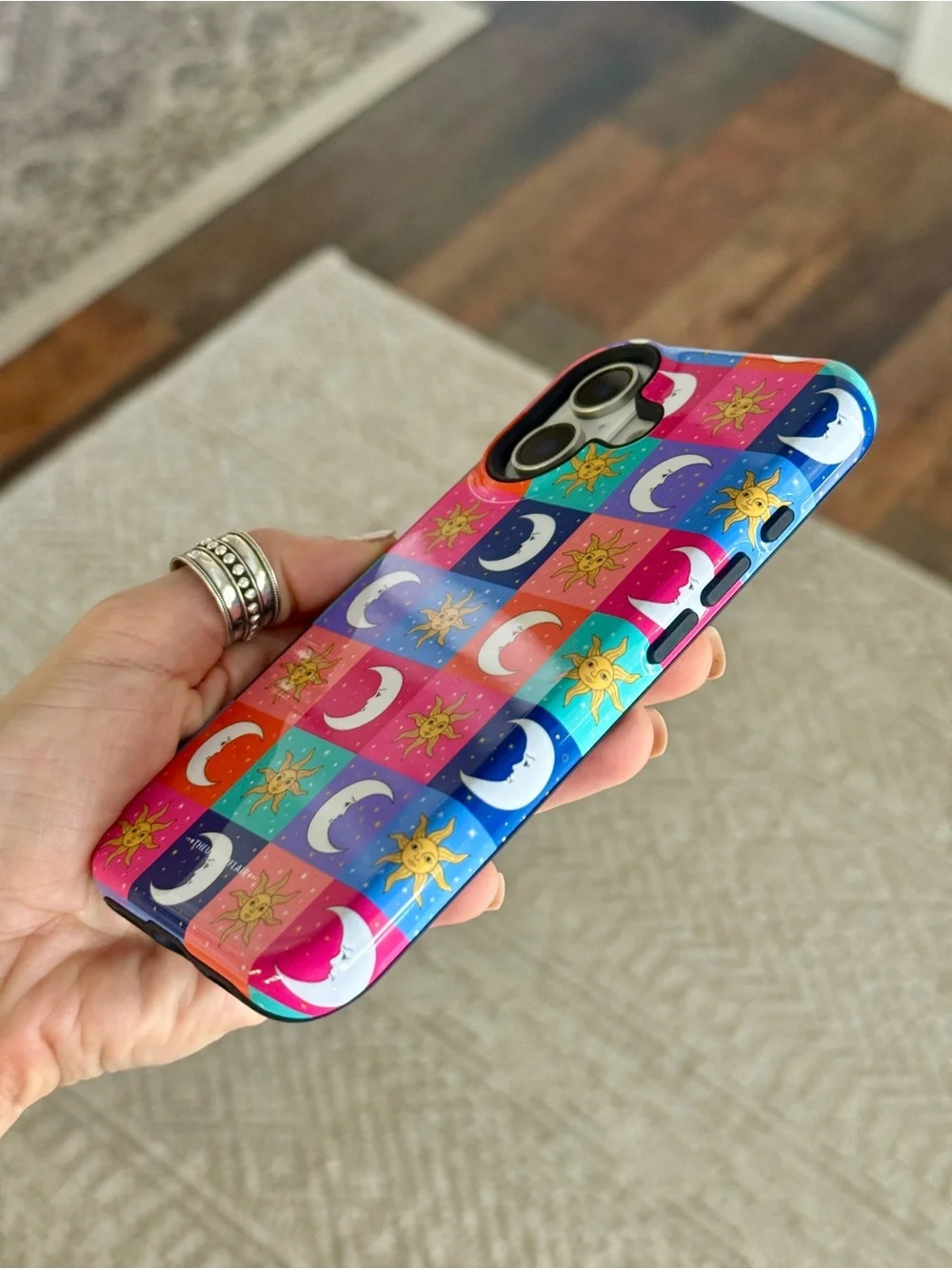 Vibrant Eclectic Sun & Moon Checkerboard Phone Case For iPhone 16